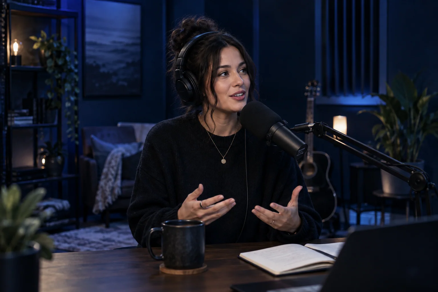 A podcast host recording into a broadcast microphone in a softly lit studio